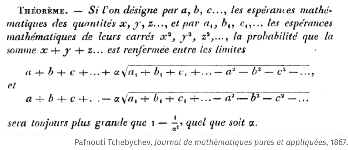 math spécialité - activité - histoire des mathématiques - Deux inégalités pour la loi des grands nombres - Pafnouti Tchebychev, Journal de mathématiques pures et appliquées, 1867.