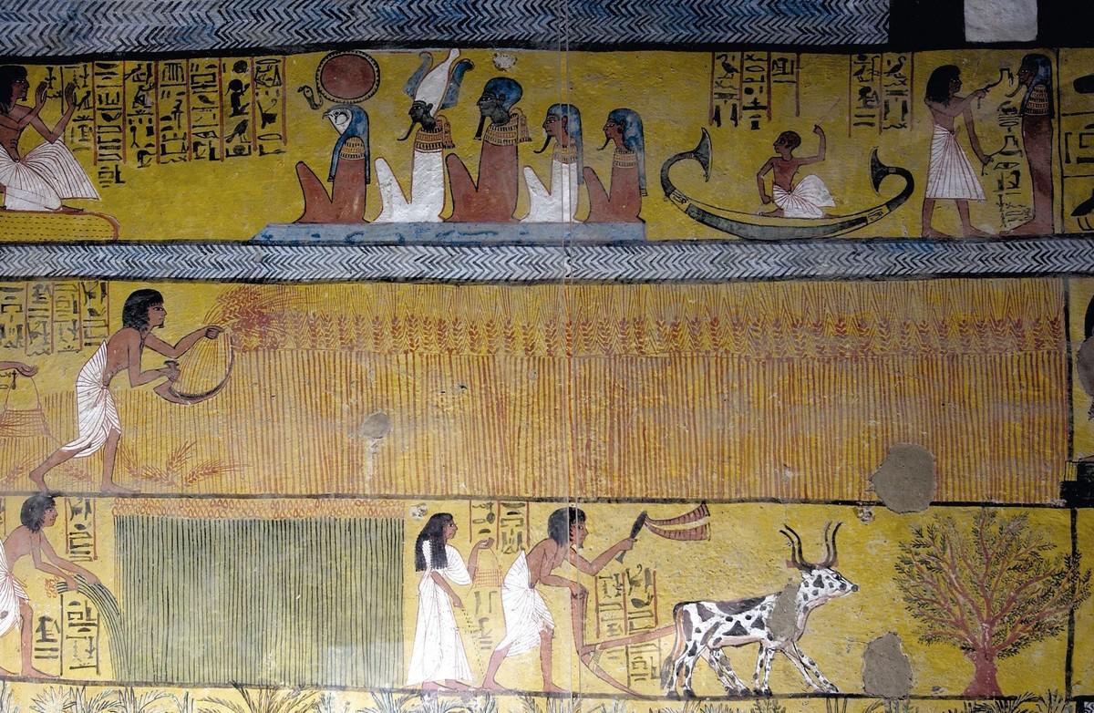 Peinture murale du tombeau de Sennedjem (Égypte) montrant le travail des champs