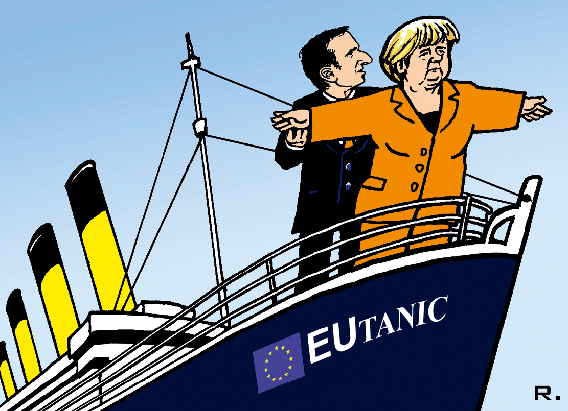 Caricature d'Emmanuel Macron et Angela Merkel