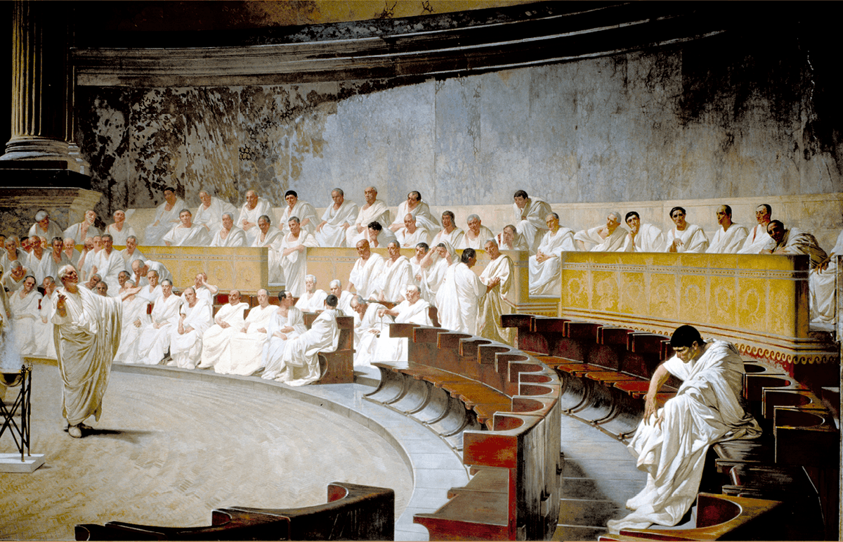 Cesare Maccari, Cicéron dénonce Catilina, 1889, fresque (détail), 4 × 9 m, Sénat italien, Rome.