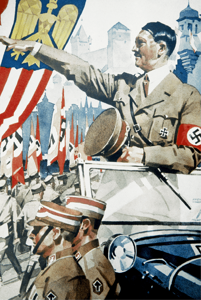 Hitler faisant le salut nazi devant une parade de soldats - Télégramme illustré envoyé en 1939