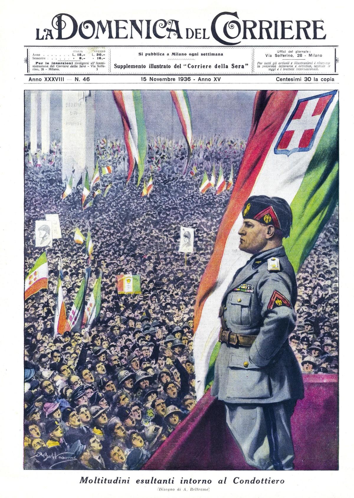 Mussolini faisant un discours à une foule - Une de La Domenica del Corriere, 16 novembre 1936