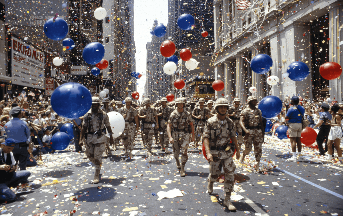 Joe Sohm, 10 juin 1991, photographie. Des soldats américains paradent à New York, au retour de la guerre du Golfe