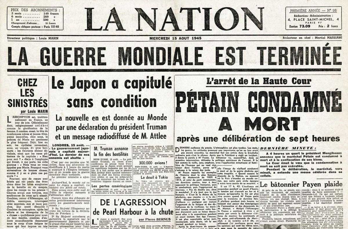 Journal La Nation Seconde Guerre mondiale terminée