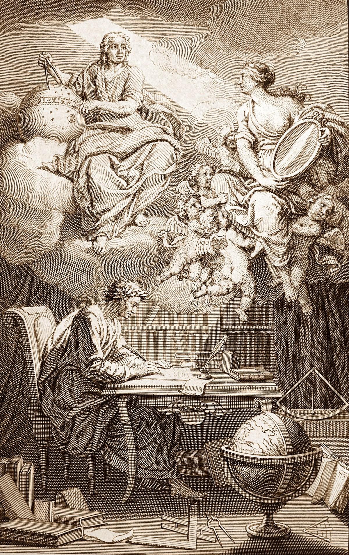 Frontispice de l'ouvrage de Voltaire, Éléments de la philosophie de Newton, 1738, gravure, BnF, Paris