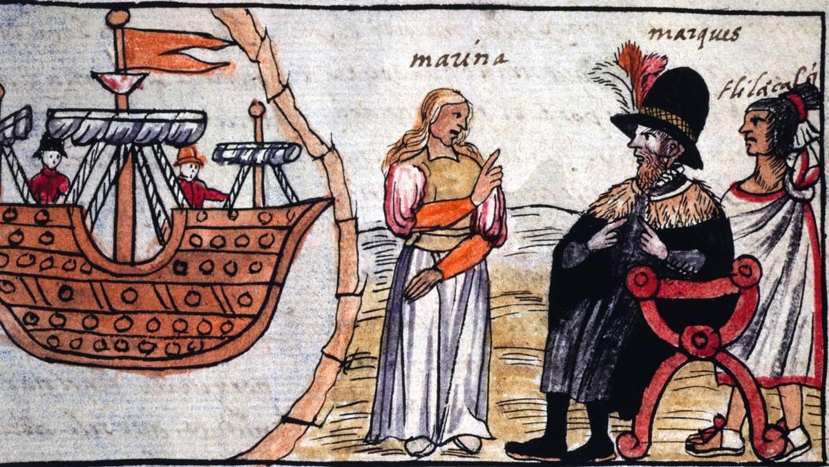 La Malinche (Marina) traduit à Cortès ce que lui dit l'émissaire de Moctezuma, Codex Duràn, 1581, gravure, 55,9 x 31,5 cm, Biblioteca National, Madrid