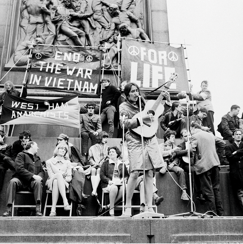 American folk singer Joan Baez performs at an anti-
Vietnam War demonstration in London's Trafalgar
Square, 1965