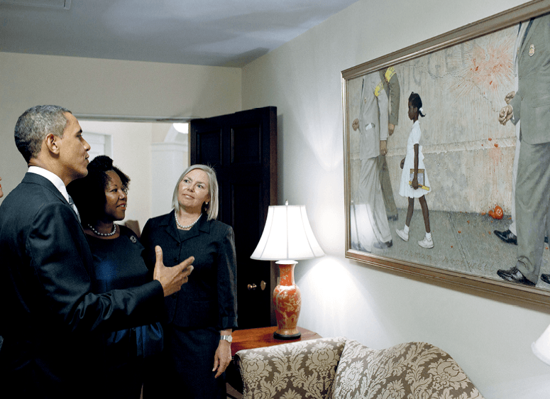resident Barack Obama, Ruby Bridges, and representatives of the Norman Rockwell Museum view Rockwell's The Problem We All Live With hung in the White House, 2011