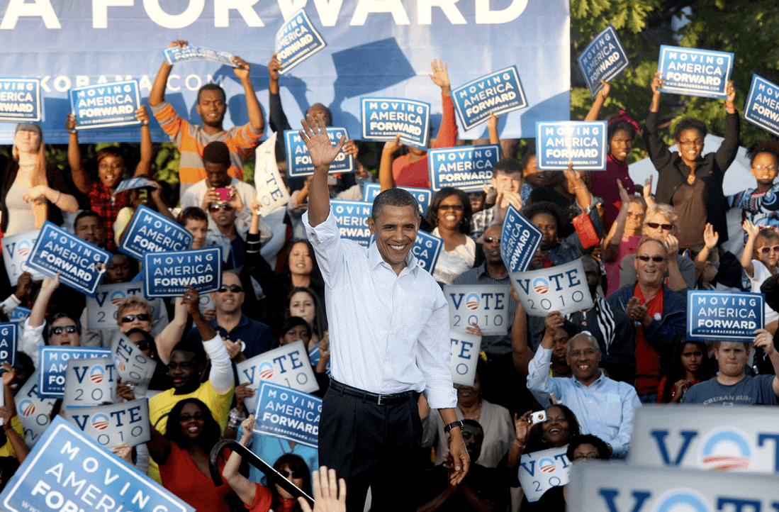 President Barack Obama attends the “Moving America Forward” rally in Philadelphia, Pennsylvania, 2010