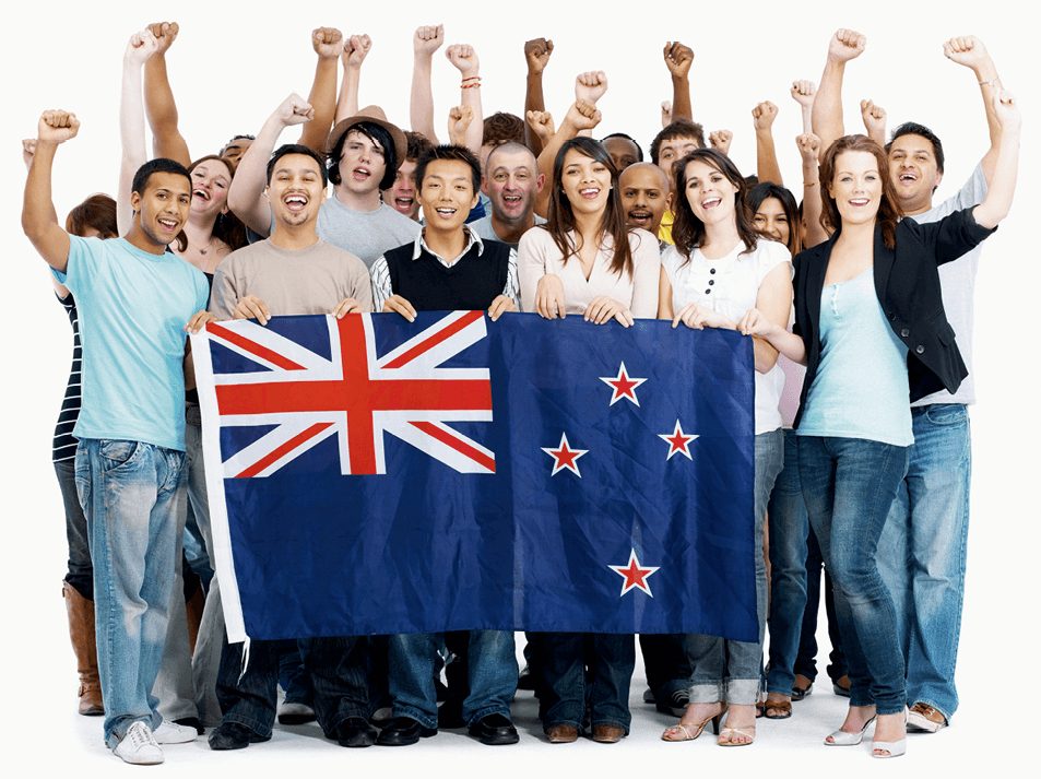 Group of people holding the New Zealand flag, 2009