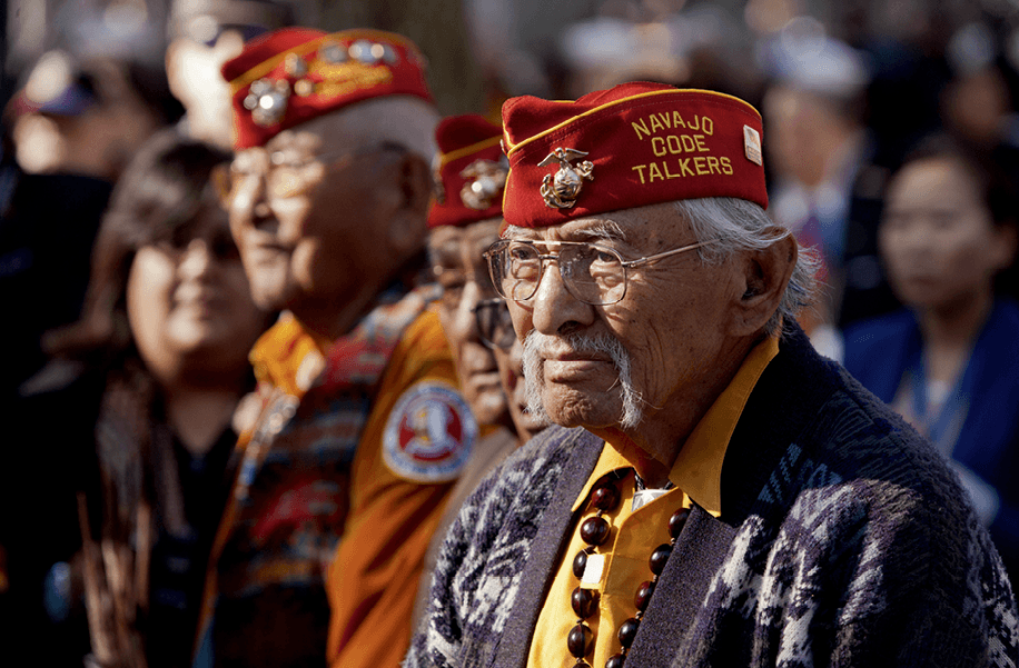 Navajo code talker veterans watching the opening ceremony for the 93rd New York City Veterans Day Parade