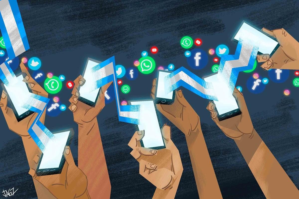 Teléfonos moviles y redes sociales. Ilustración de Juan García