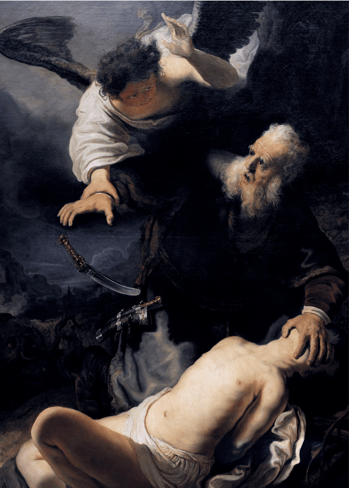 Rembrandt, Le Sacrifice d'Isaac, 1636, huile sur toile, 195 × 132,3 cm (Alte Pinakothek, Munich).