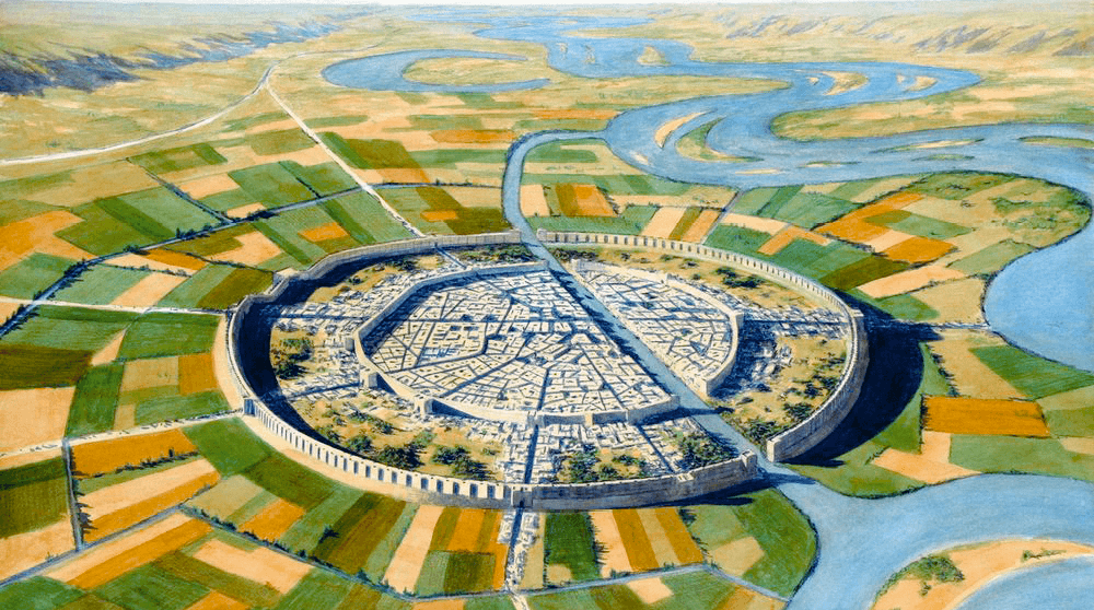 Reconstitution de Mari, l'une des premières cités-États, à la fin du IIIe millénaire av. J.-C., illustration de Balage Balogh