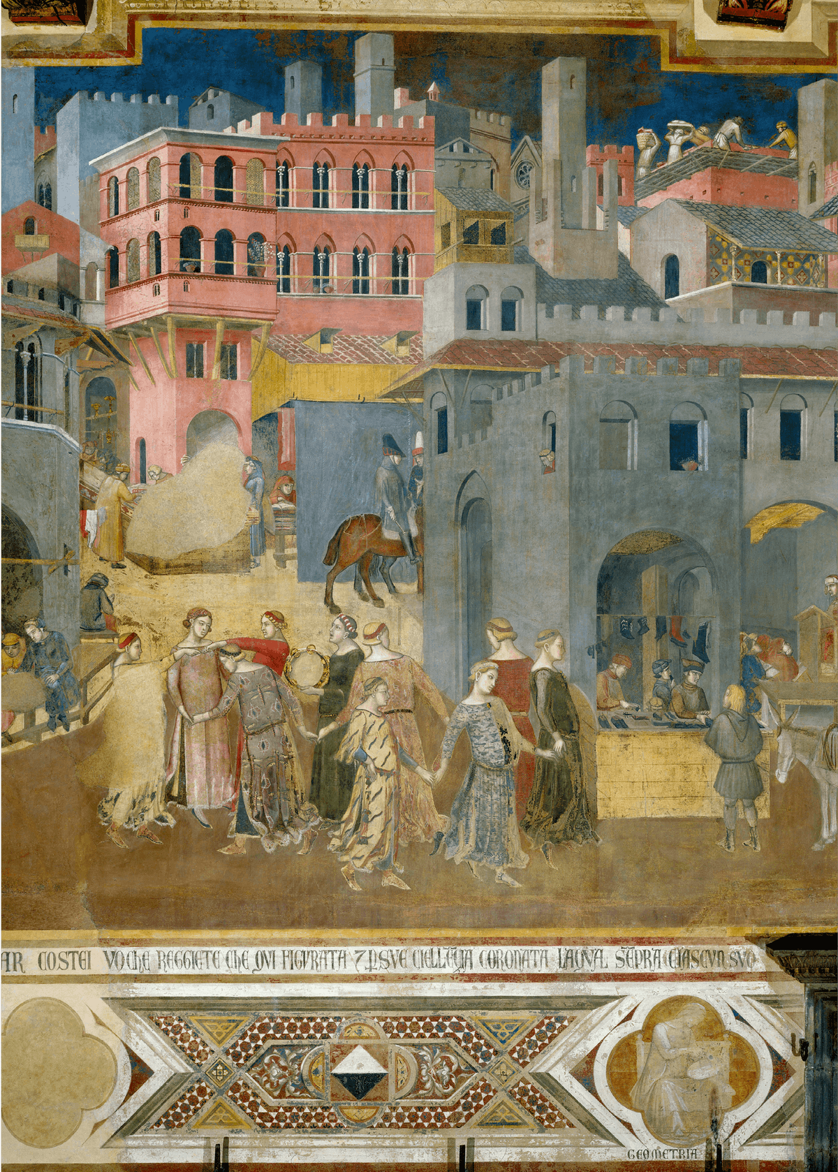 Ambrogio Lorenzetti, Allégorie du Bon Gouvernement (détail), 1338-1339, fresque, 200 × 3500 cm (Palazzo Pubblico de Sienne).