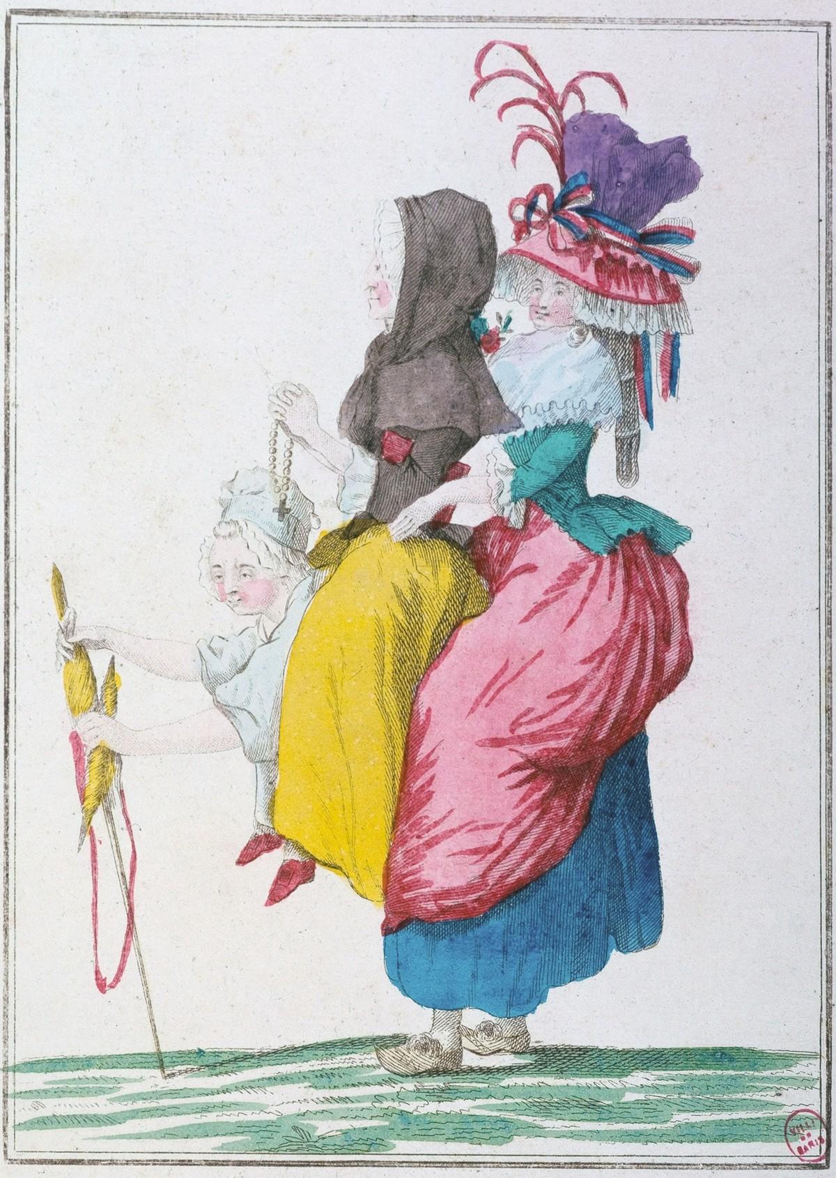 Anonyme, Caricature sur les trois
ordres en femmes : le tiers état portant sur son dos le Clergé et la Noblesse, 1789,
estampe coloriée, musée Carnavalet, Paris.
