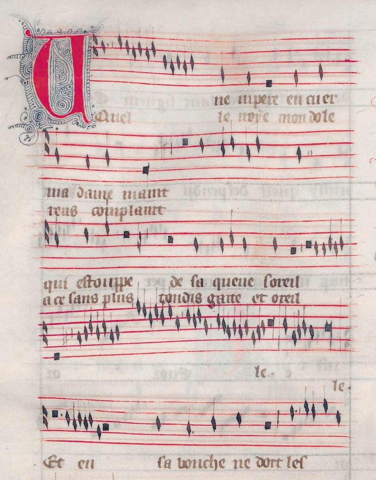 Guillaume de Machaut, partition manuscrite de la ballade « Une vipere en cuer madame meint », Nouveaux dits amoureux, XIVe siècle.