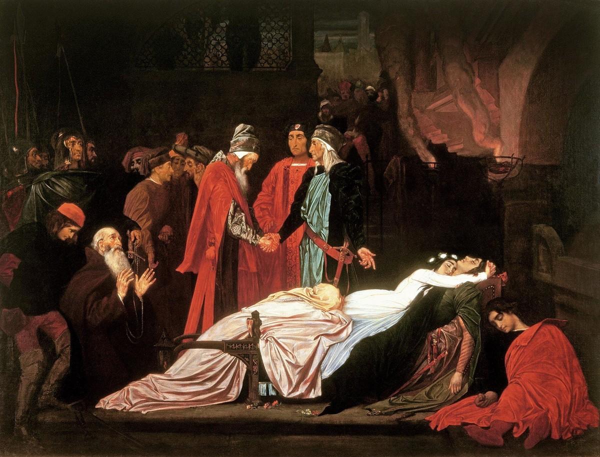 The reconciliation of the Montagues and the Capulets over the dead bodies of Romeo and Juliet