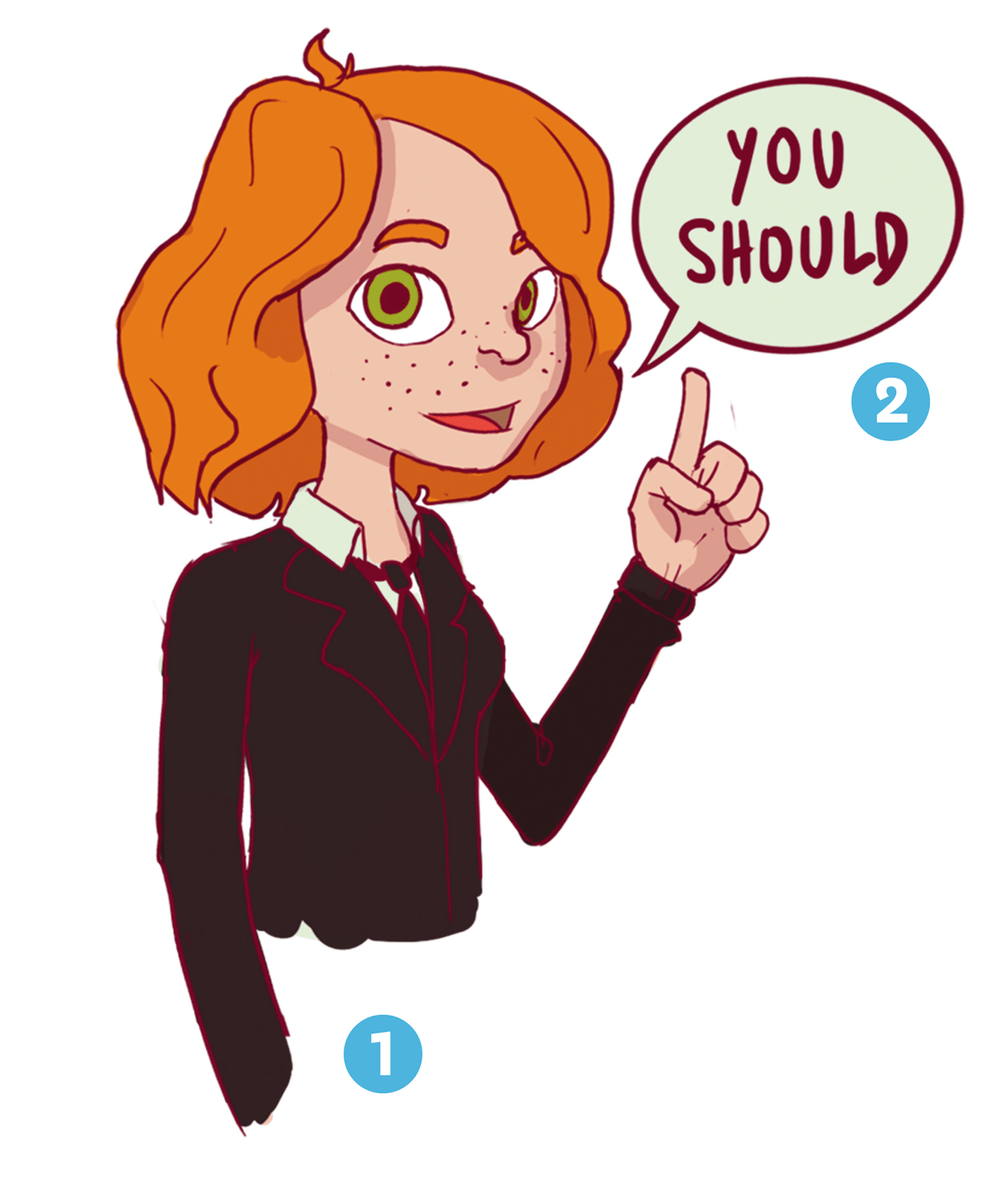 Illustration d'une jeune fille levant le doigt et disant: you should.