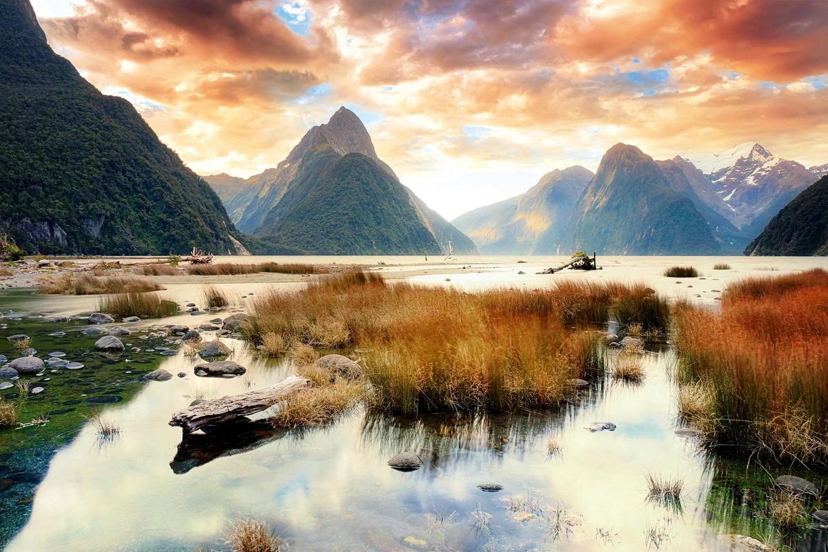 New Zealand Fjord at Sunset, Milford Sound.