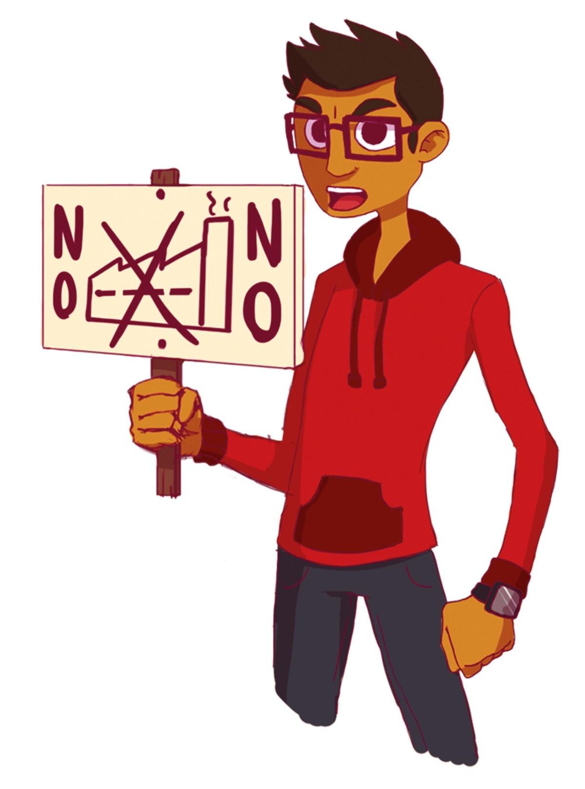 Jeune homme tenant un panneaux où il est écrit NO et un dessin d'usine est barré