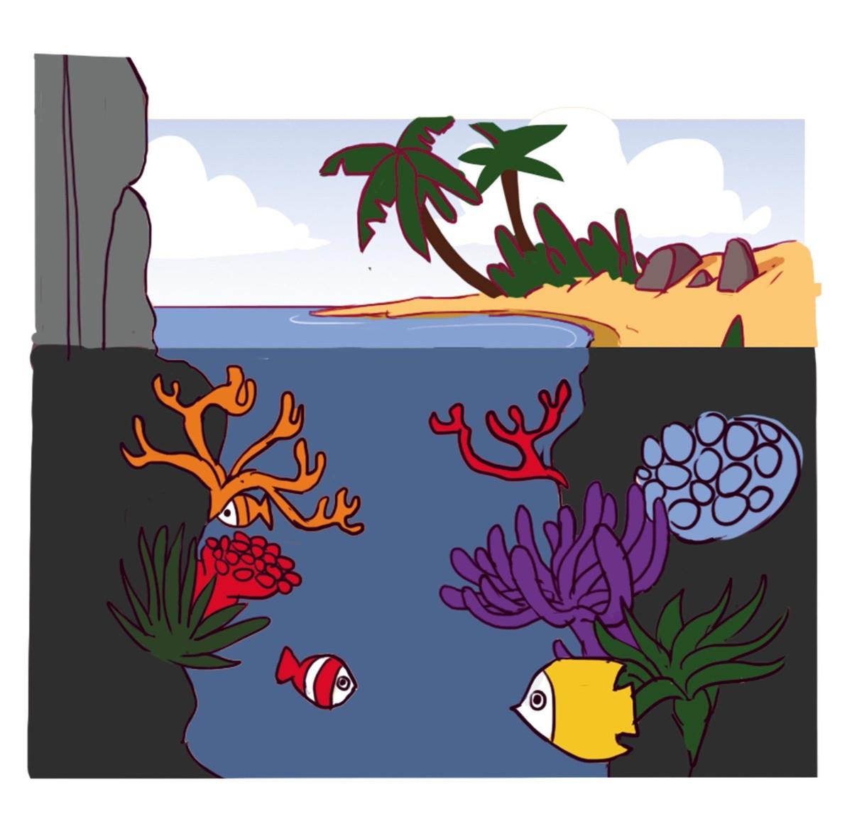 Illustration d'un fond marin avec du corail et des poissons