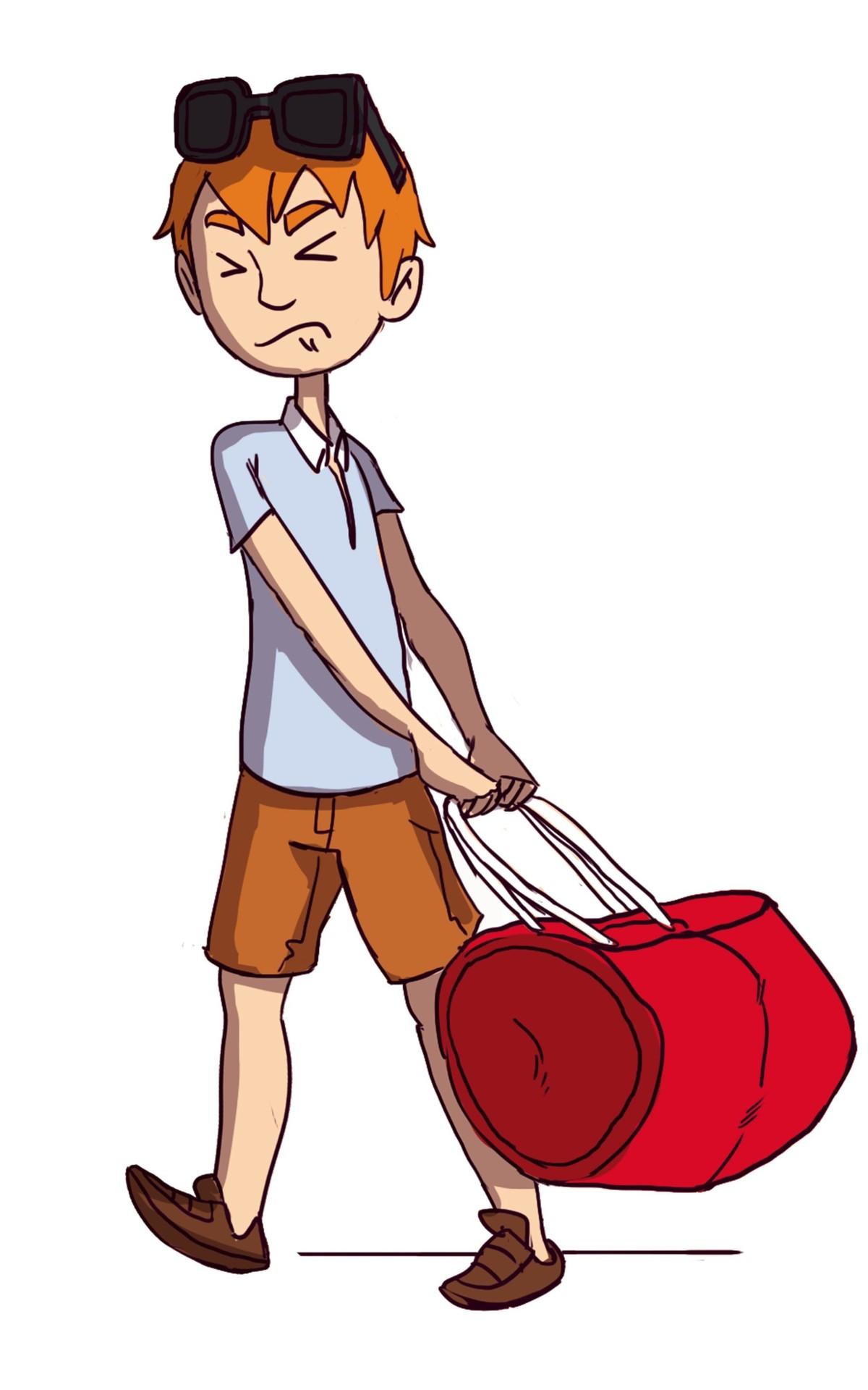 Jeune homme qui tire un sac de voyage qui semble lourd