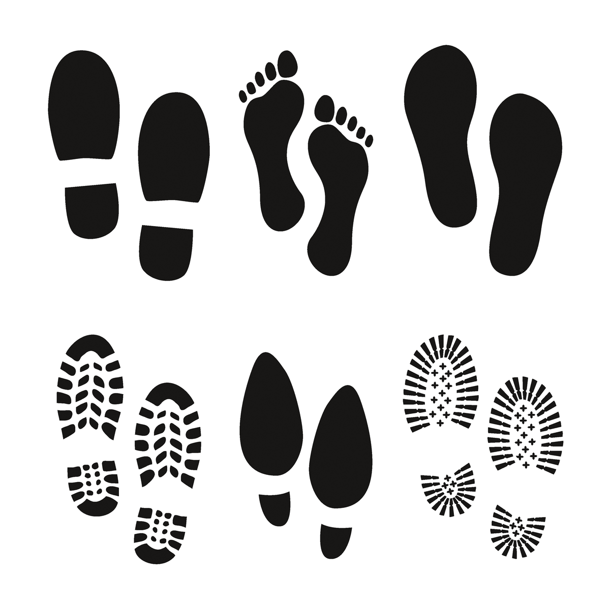 6 différentes traces de pieds : pieds nus ou avec différentes chaussures