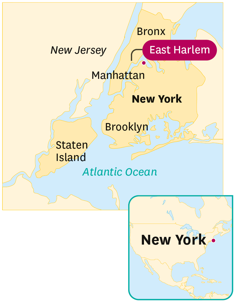carte montrant où se trouve New York aux Etats-Unis et où se trouve Harlem dans New York.