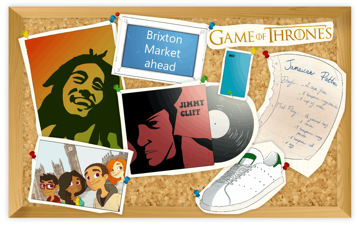 Illsutration d'un collage avec des références à Game of thrones, Bob Marley, Brixton Market, Jimmy Cliff...