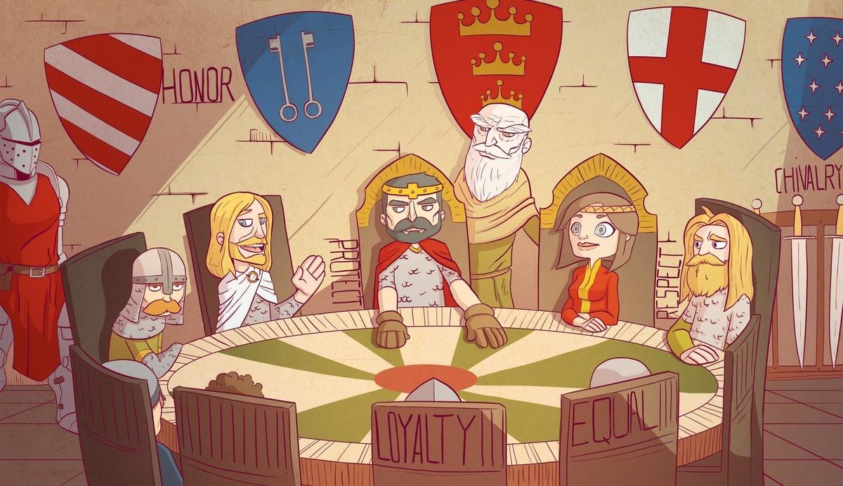 Illustration de la table ronde avec plusieurs chevaliers autour et Geniève. Sur le mur derrière eux il y a des bouclier avec des blasons. On peut lire cinq mots sur l'illustration : honor, loyalty, equal protect et respect
