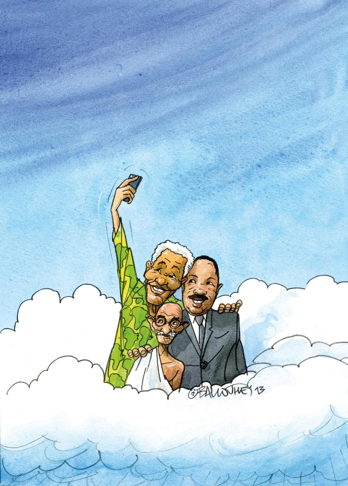 Illustration de Pierre Ballouhey: Three Greats Take a Selfie in Heaven