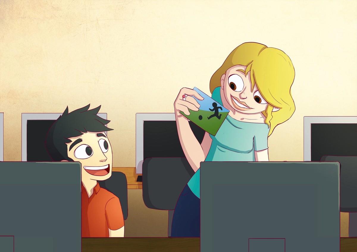 Illustration de deux jeunes dans une salle informatique.
