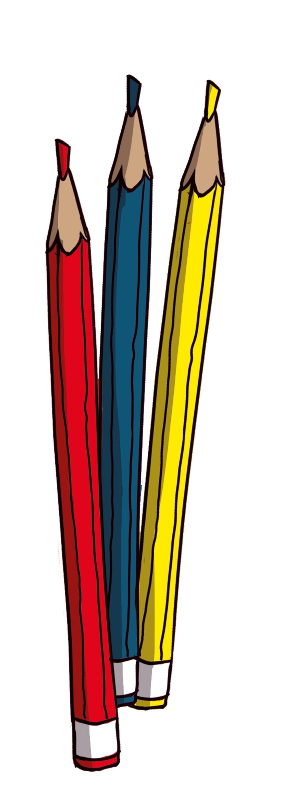Three colouring pencils, a red one, a blue one and a yellow one