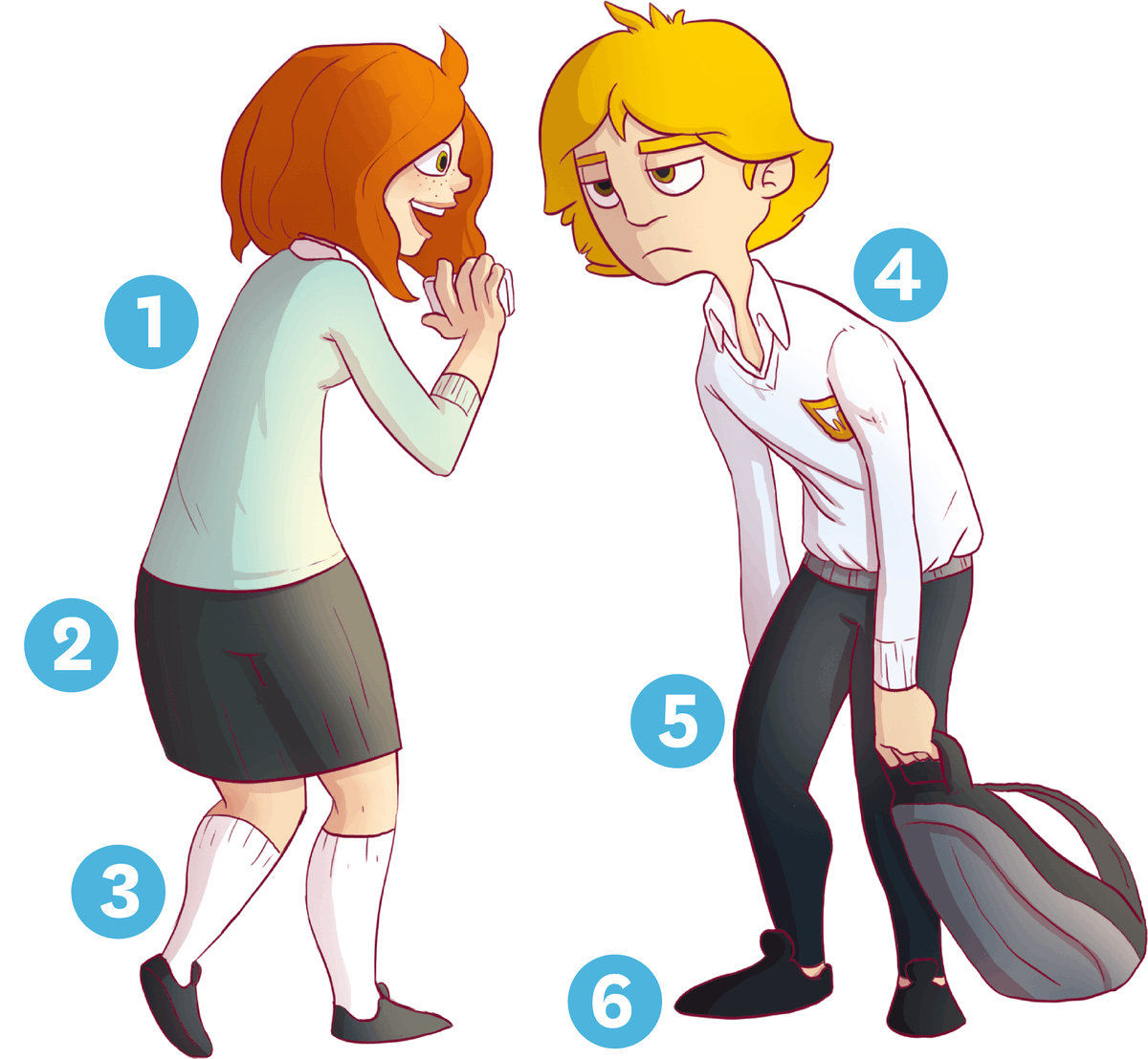 An happy ginger girl talk to a tired blond boy