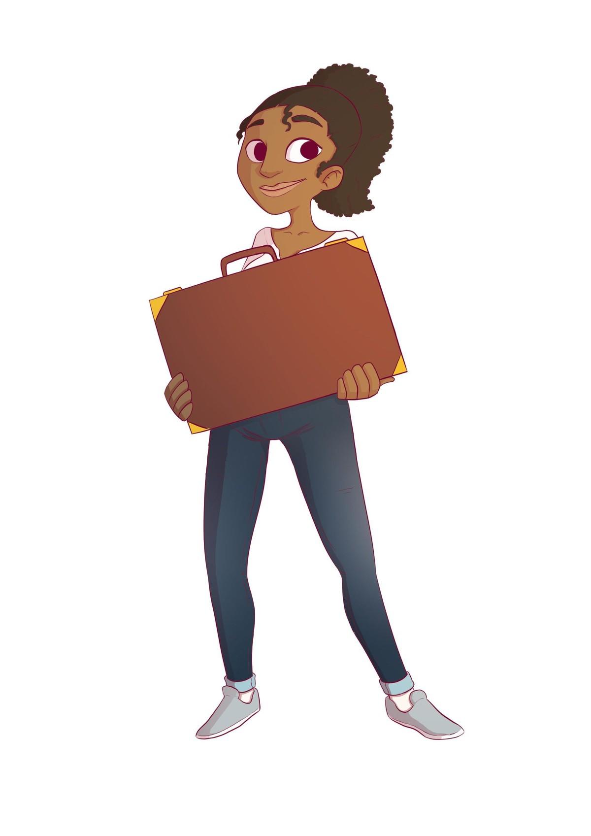 A borwn hair girl hold a brown suitcase