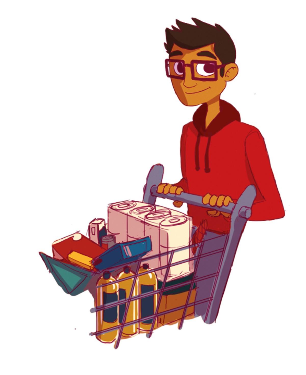 Illustration d'un jeune homme en train de faire ses courses