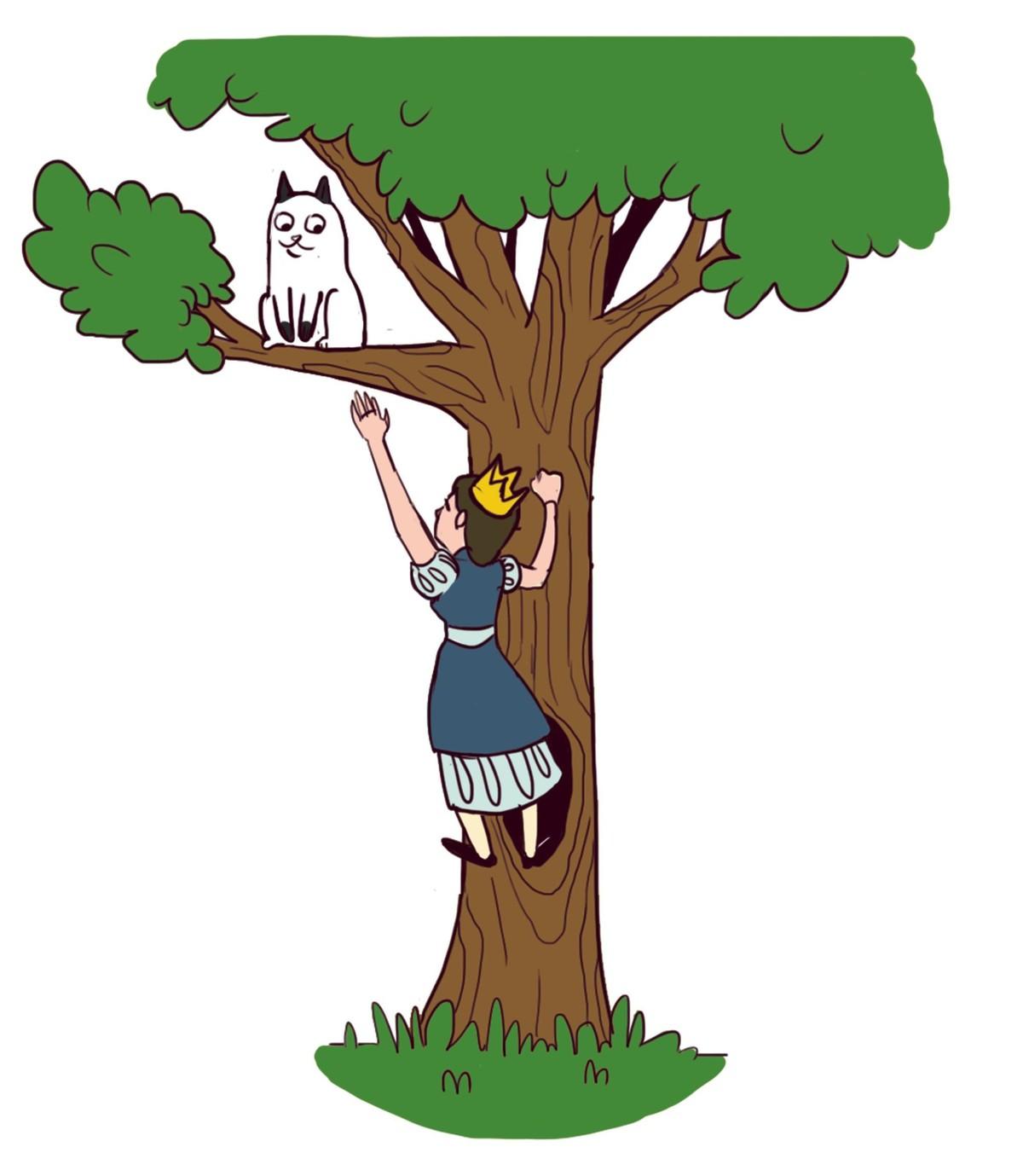 Dessin d'une princesse qui grimpe à un arbre pour aller sauver un chat coincé dedans