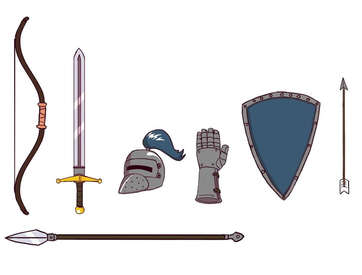Équipement : arc, épée, casque, gantelet, bouclier, flêche et lance