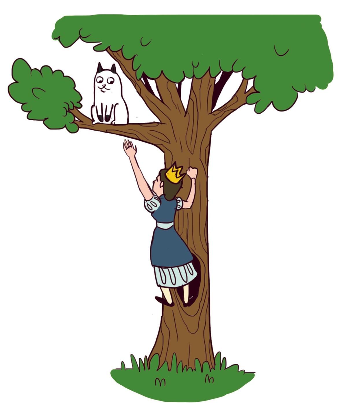 Princesse qui sauve un chat blanc coincé dans un arbre