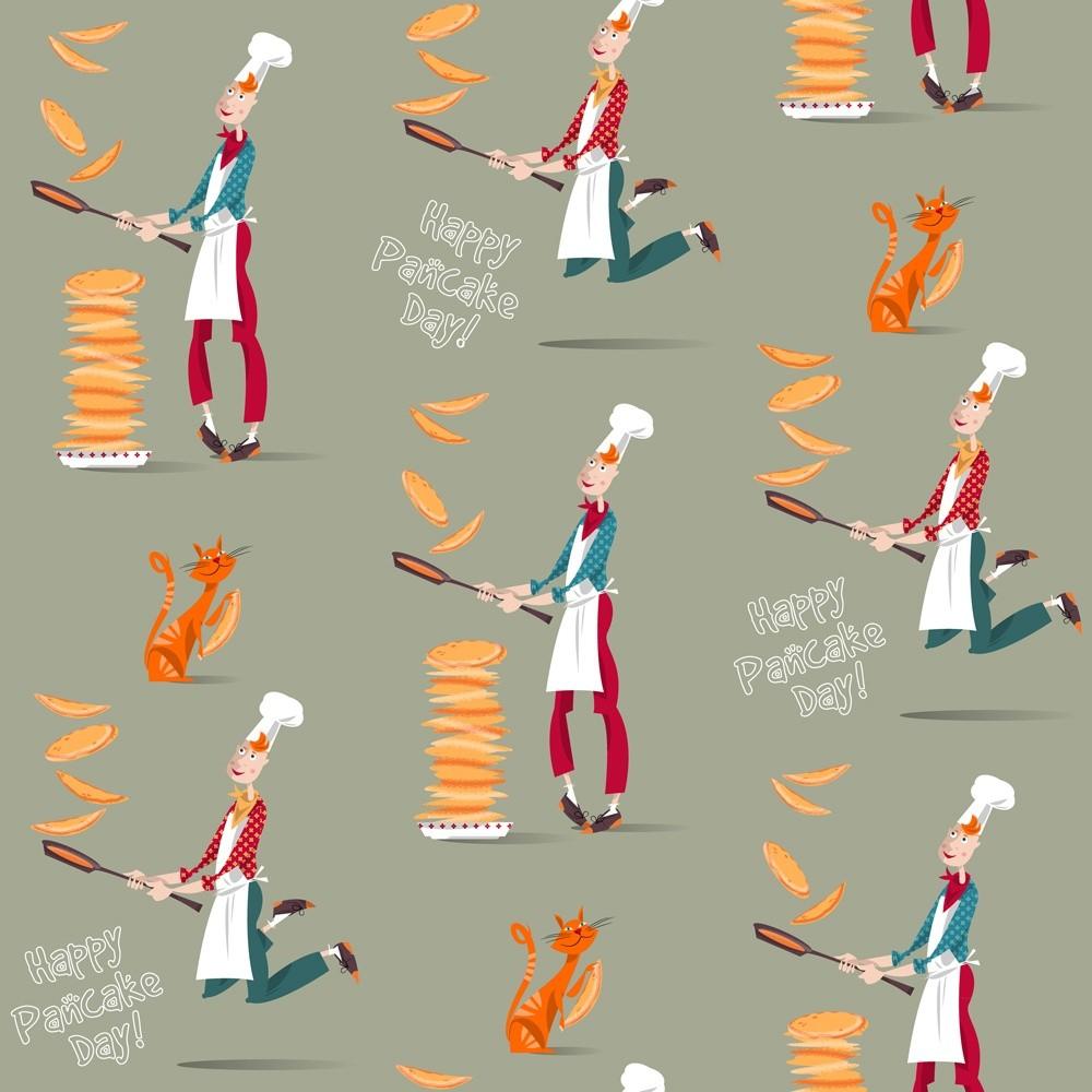 Motif répétant l'illustration d'un cuisinier en train de retourner des pancakes dans sa poële