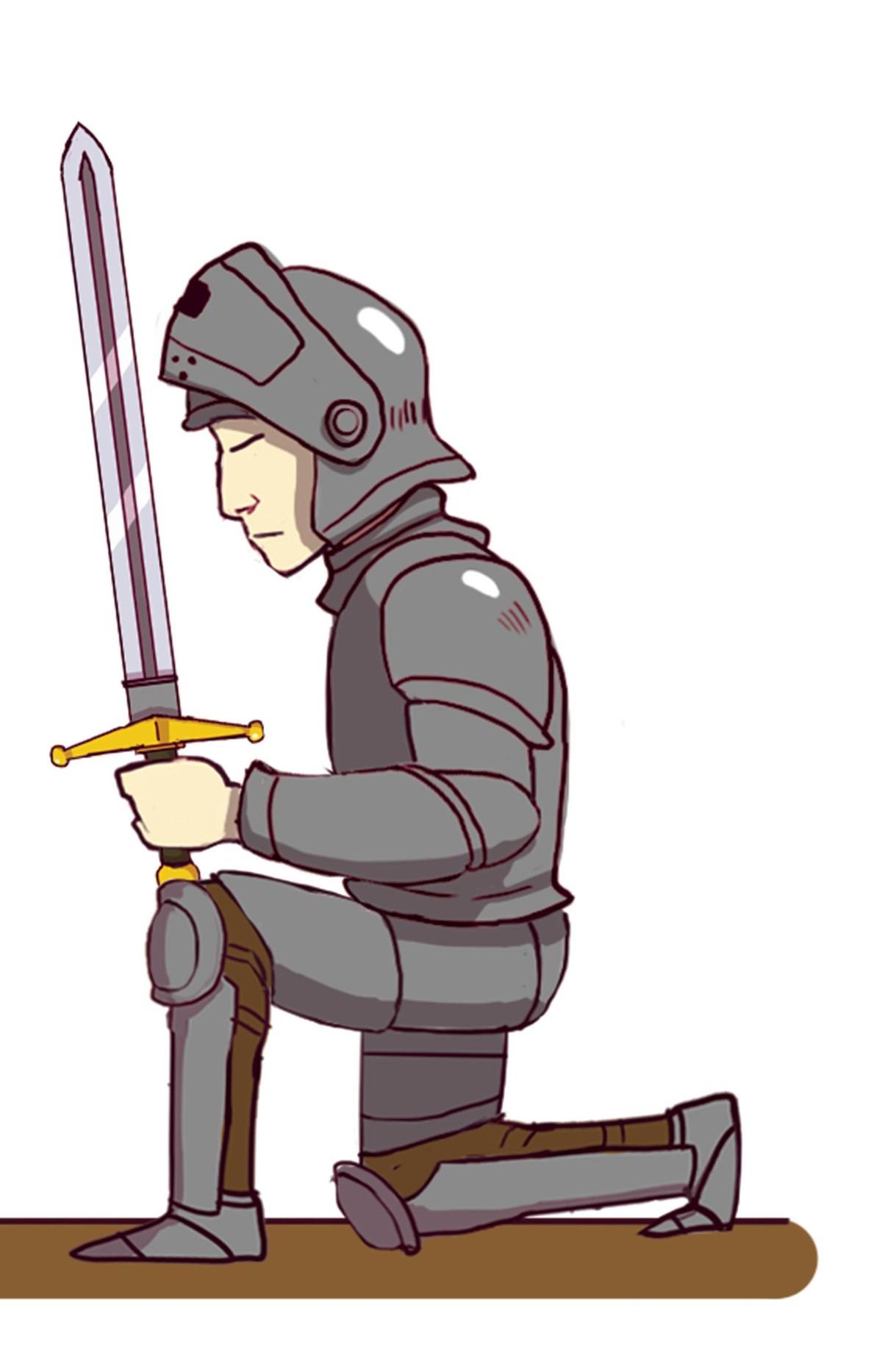 Dessin d'un chevalier posant un genou à terre.
