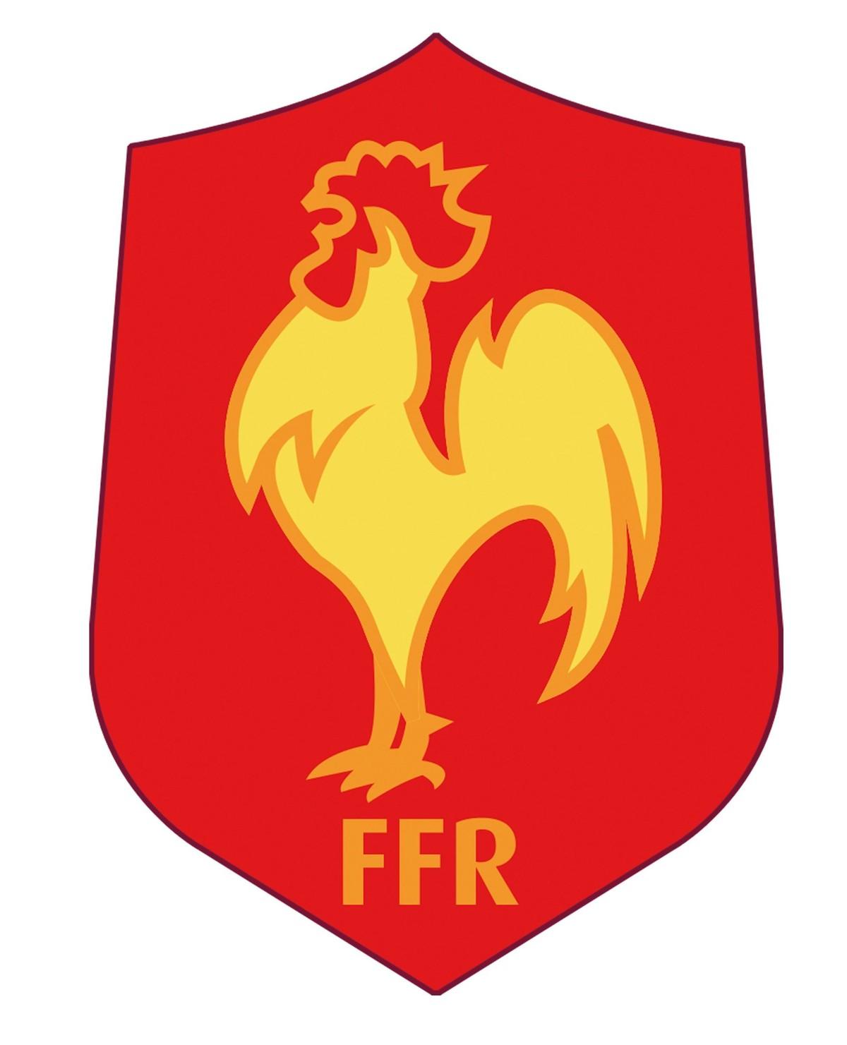 Rugby team emblem, a yellow rooster with the letter FFR and a red background