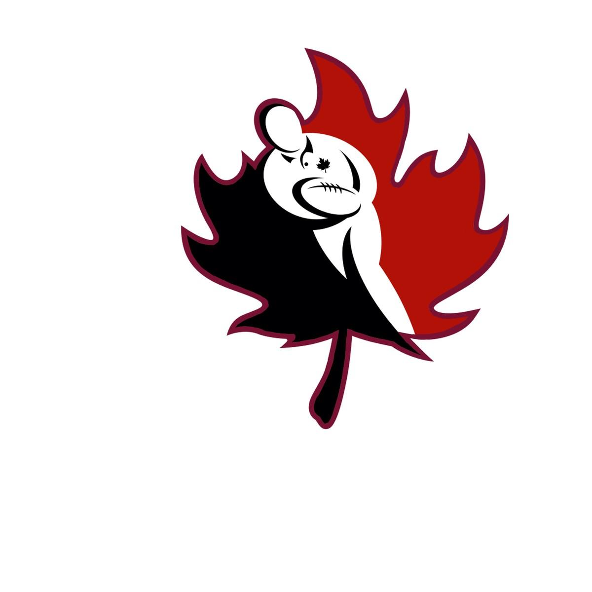 Rugby team emblem, mapple leaf red and black with a rugby player inside