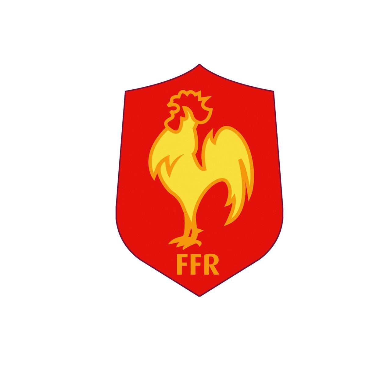 Rugby team emblem, a yellow rooster with the letter FFR and a red background