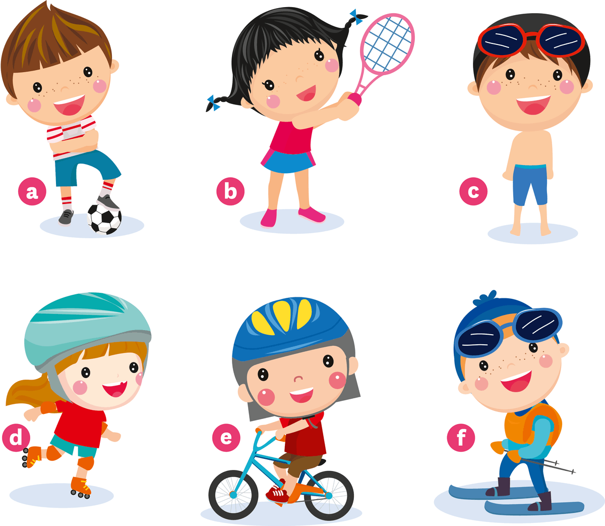 Six enfants représentant chacun un sport : a - un enfant avec un ballon de foot, b - un enfant avec une raquette de tennis, c - un enfant avec des lunettes de plongée, d - un enfant avec un casque et des rollers, e - un enfant avec un casque et un vélo, f - un enfant avec des skis.