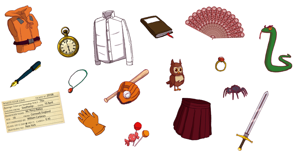 Multitude d'objets : une montre à gousset, un eventail, un serpent, un livre, un gilet de sauvetage, une chemise, un stylo plume, un collier, une batte, une balle et un gant de baseball, un hibou, une bague, une araignée, un épée, une jupe, des bonbons, un gant et une lettre. 