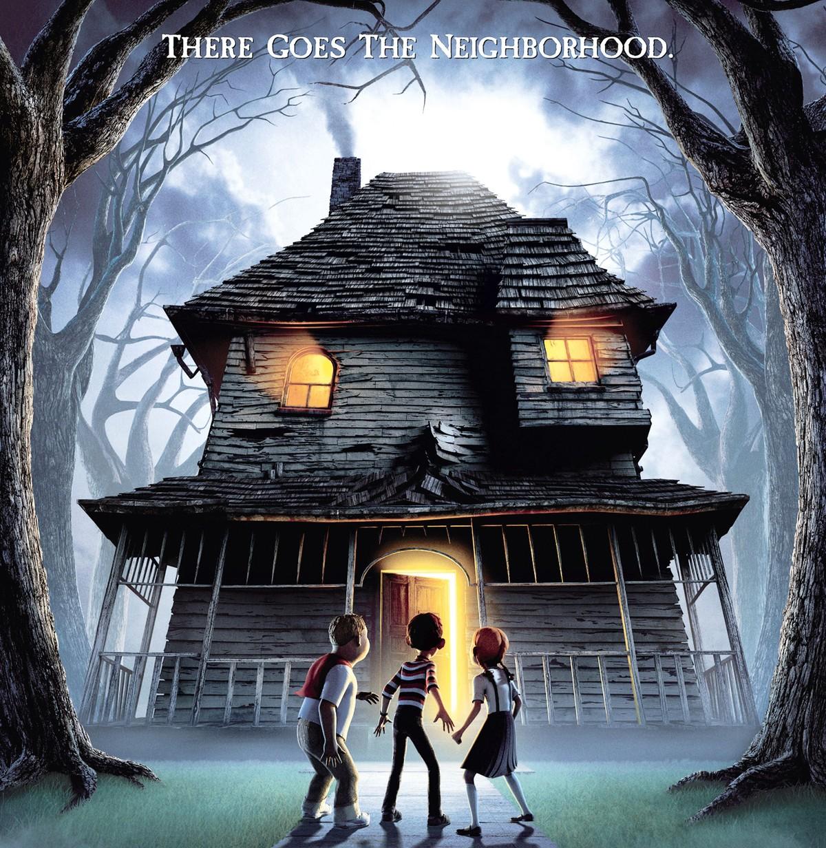 Affiche sur laquelle on voit une maison sombre dans une forêt, trois enfants sont devant la porte, de la lumière en sort ainsi que des fenêtres.