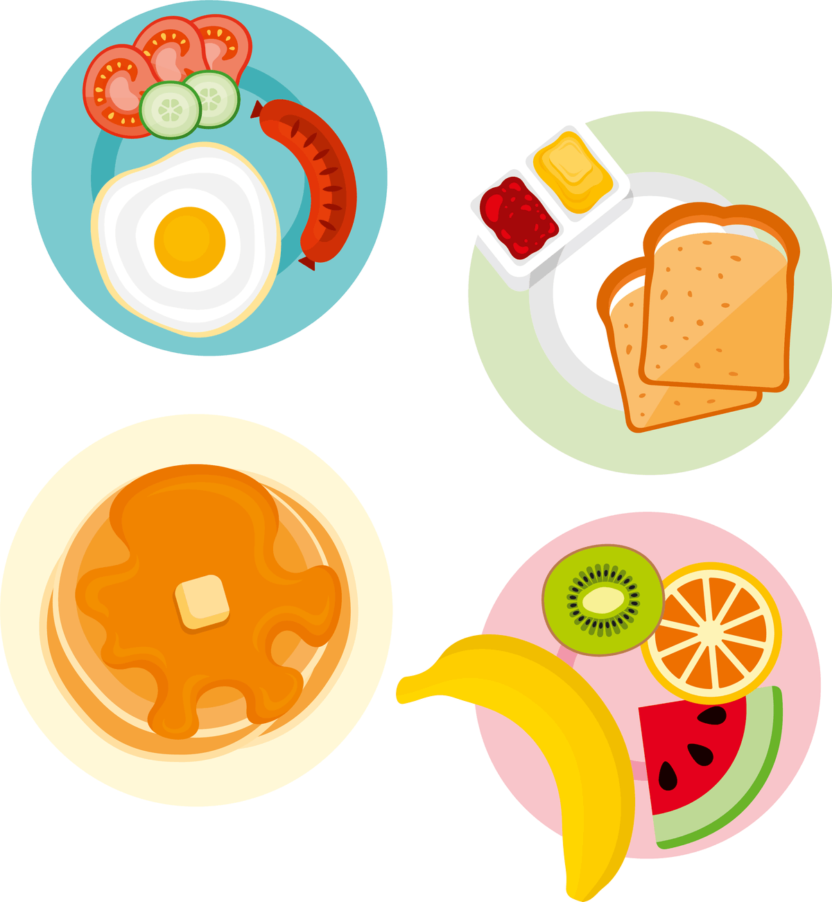 image de quatre petits déjeuner, des pancakes, oeuf, saucisse, toast et fruits.