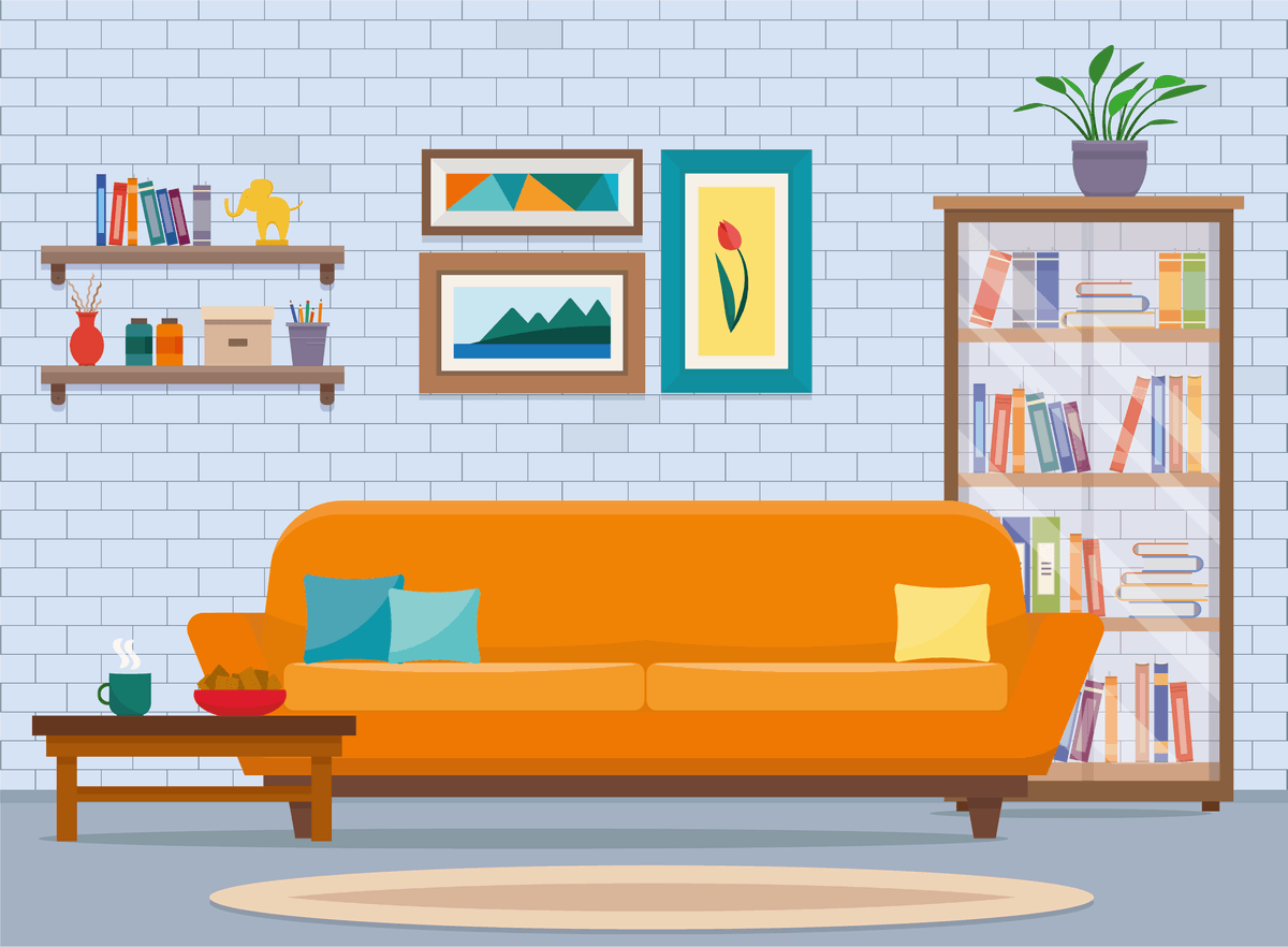 Illustration d'un salon avec un sofa.